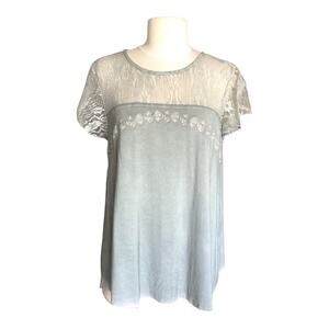 POL Olive Green Crochet Lace Sleeves Neckline Shoulders Tee Boho Chic Small NWOT